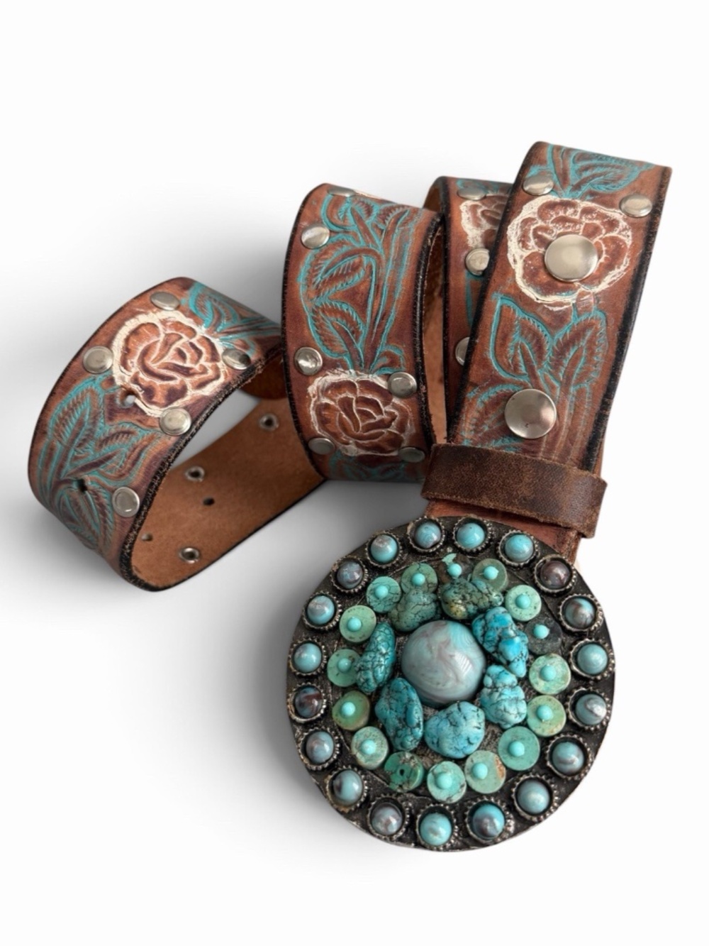 Leatherock Floral Tooled Leather Belt XL 39 Turquoise Removable Buckle Western